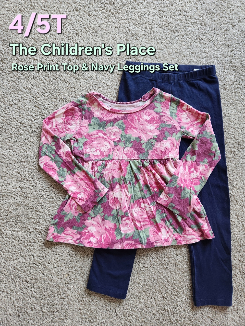The Children's Place Pink Floral Top with Navy Leggings Set